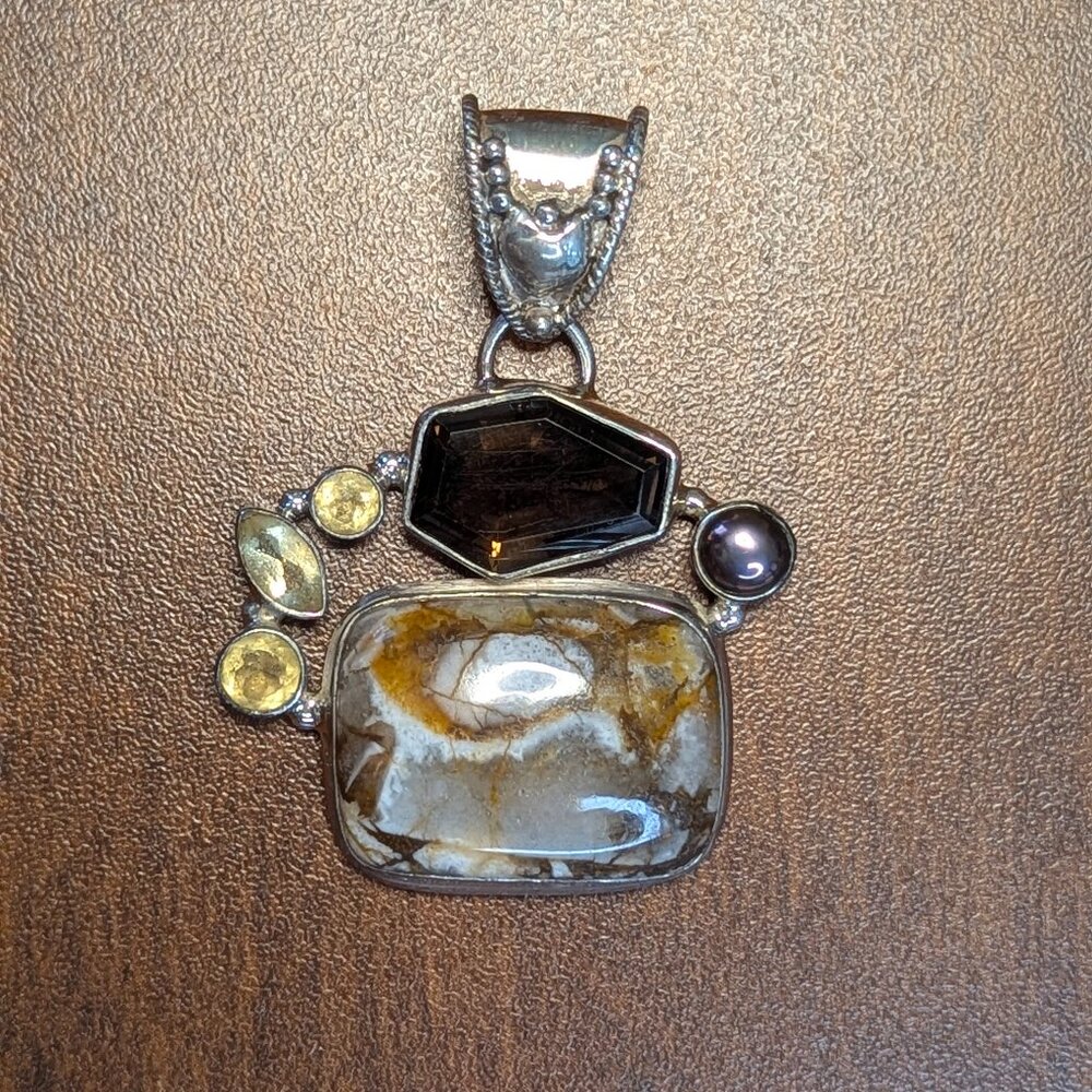 Pendant Jasper Citrine Pearl and Smoky Quartz 925